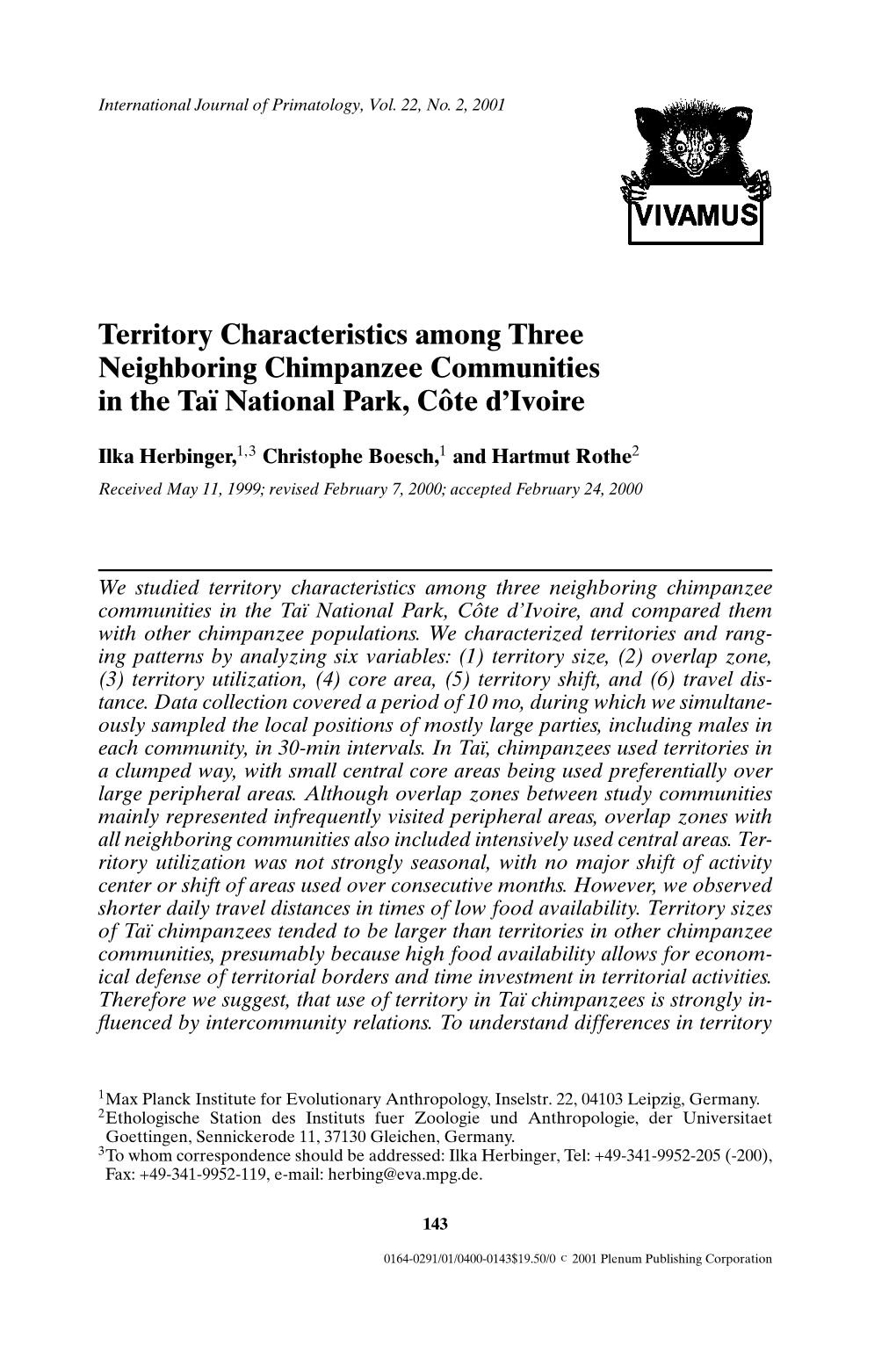 Territory Characteristics Among Three Neighboring Chimpanzee Communities in the Taı¨ National Park, Coteˆ D’Ivoire