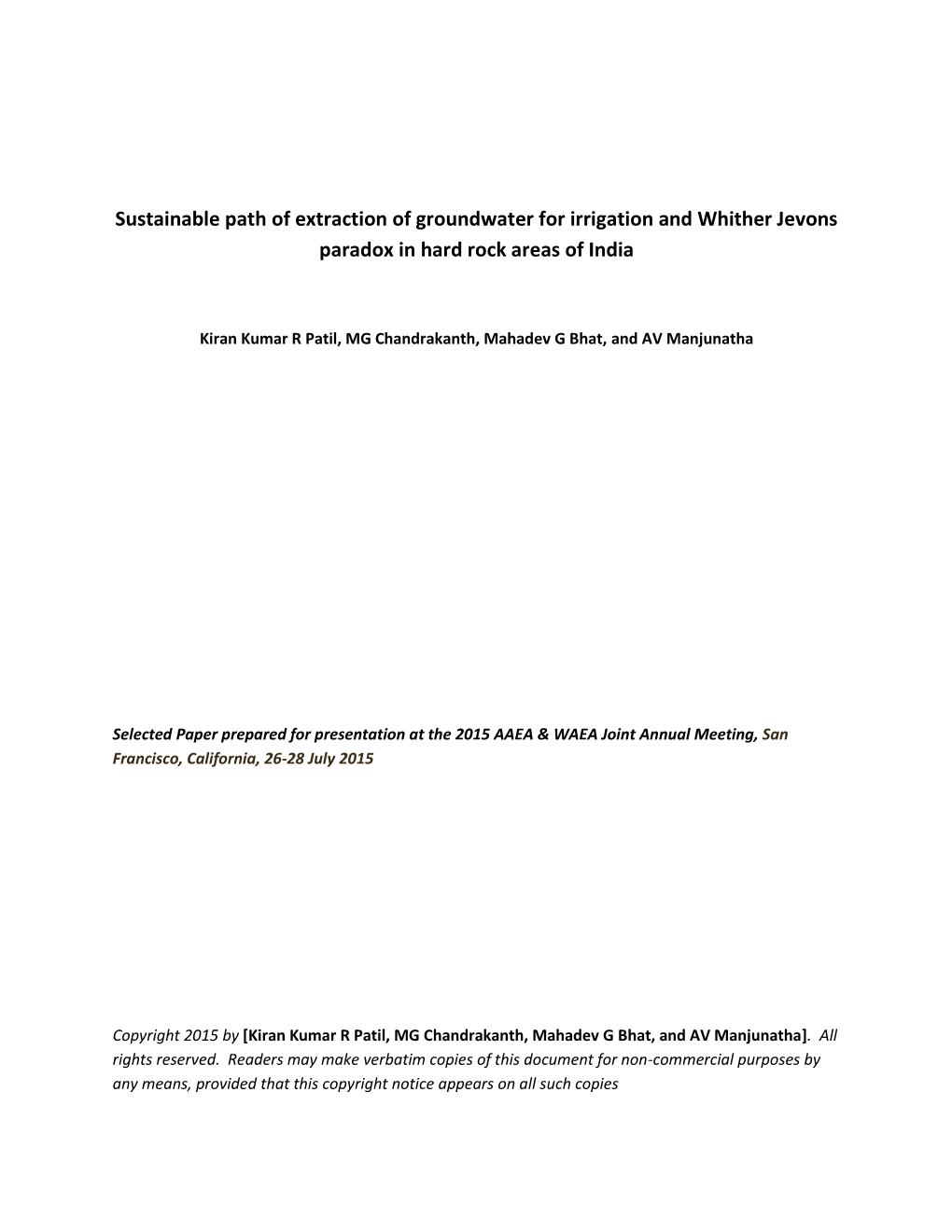 Sustainable Path of Extraction of Groundwater for Irrigation and Whither Jevons Paradox in Hard Rock Areas of India