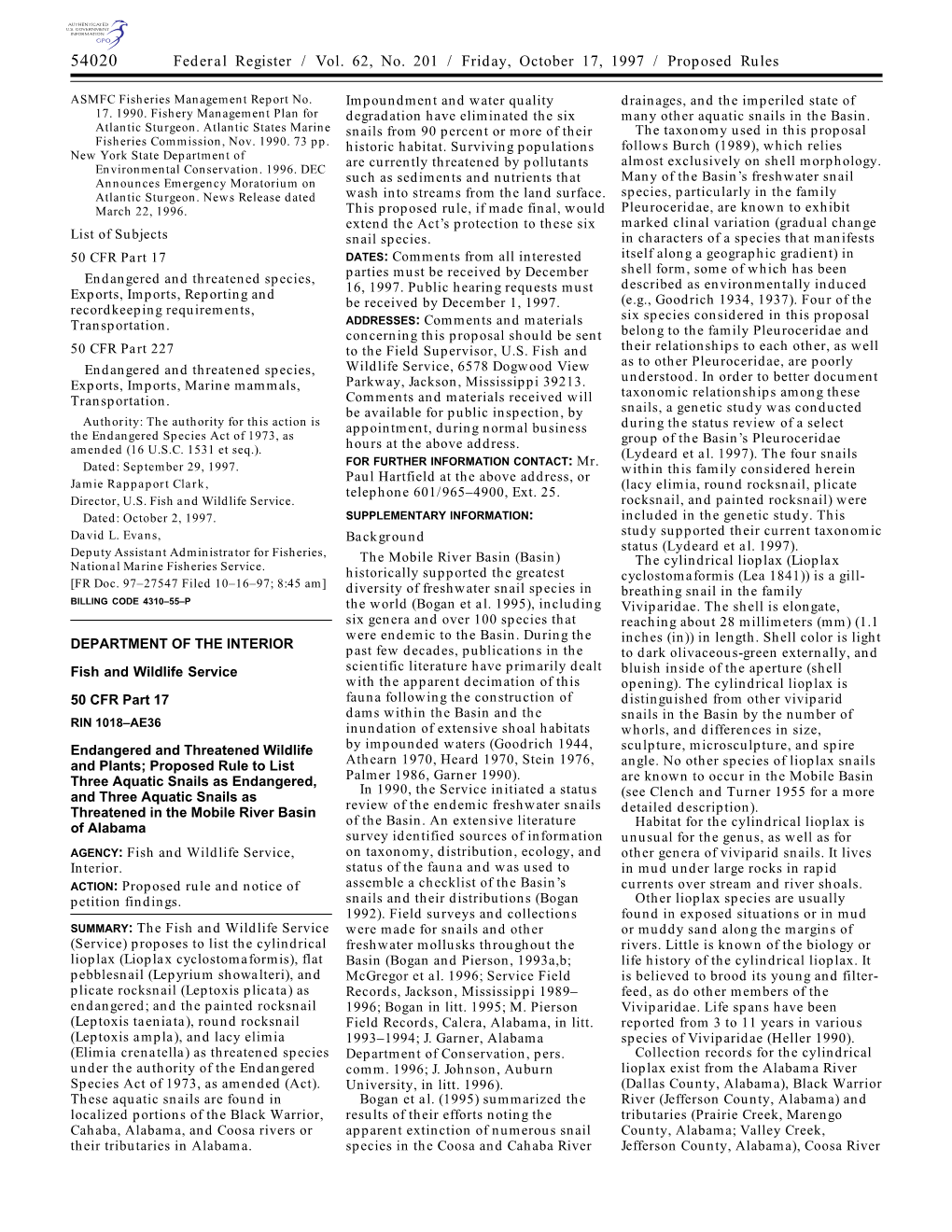 Federal Register / Vol. 62, No. 201 / Friday, October 17, 1997 / Proposed Rules