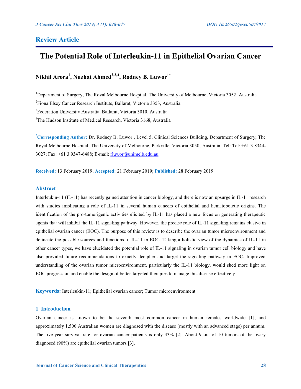 The Potential Role of Interleukin-11 in Epithelial Ovarian Cancer