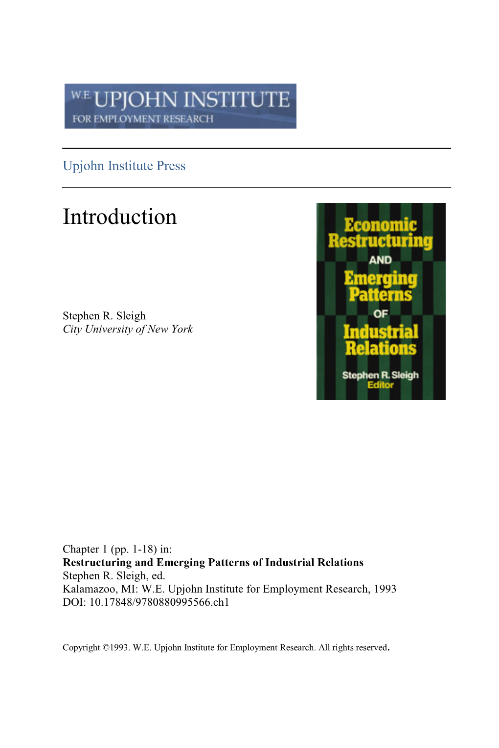 Introduction to Economic Restructuring and Emerging Patterns of Industrial Relations