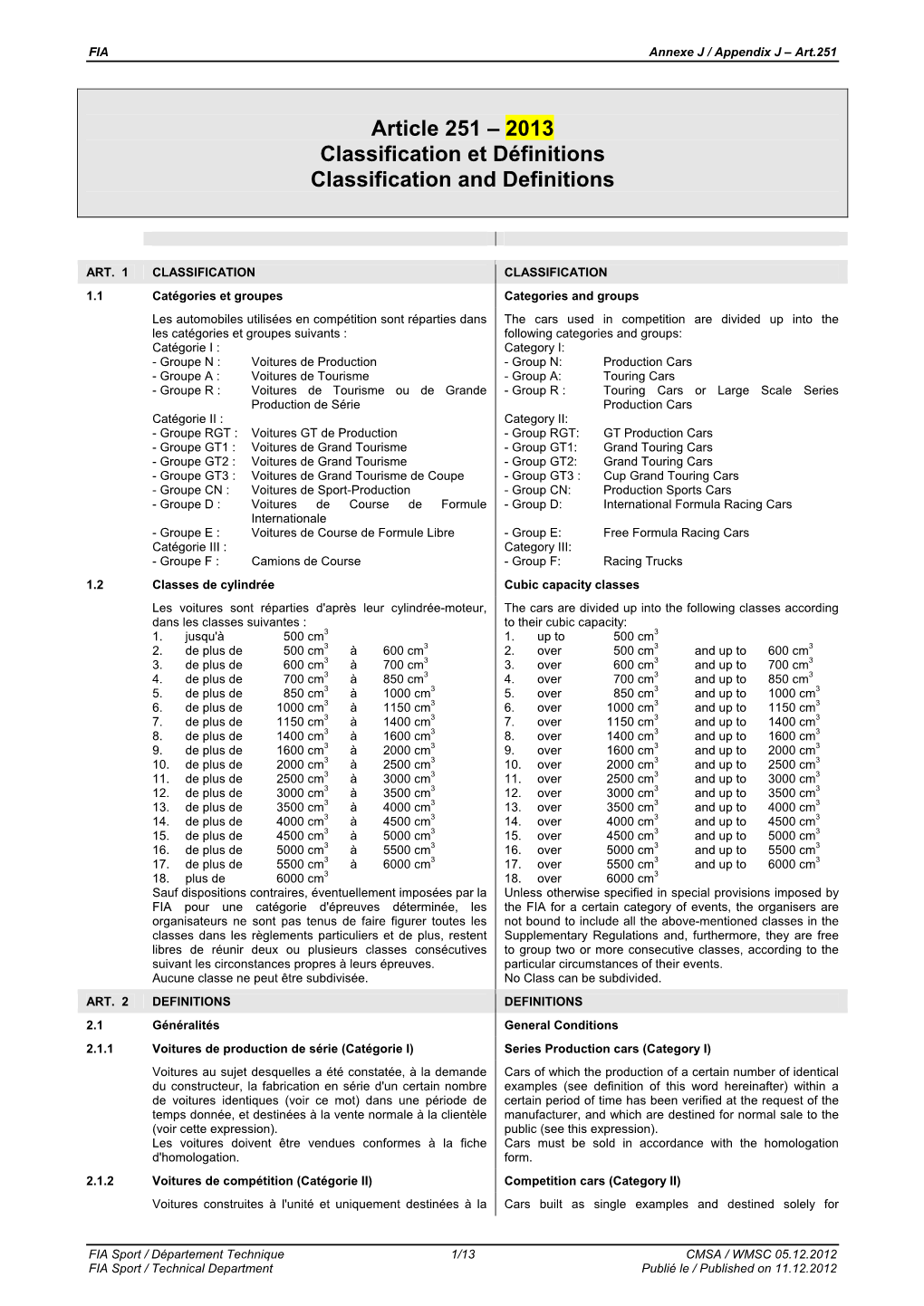 Article 251 – 2013 Classification Et Définitions Classification and Definitions
