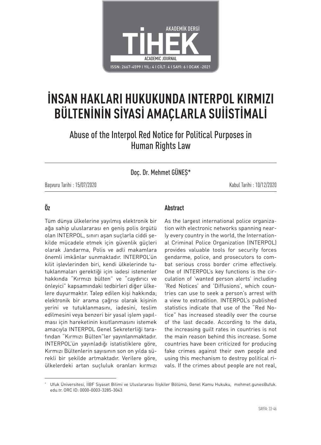 İnsan Haklari Hukukunda Interpol Kirmizi Bülteni̇ni̇n