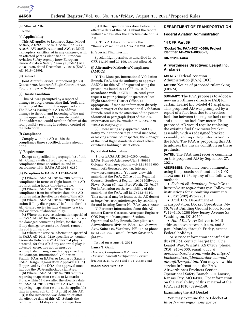 Federal Register/Vol. 86, No. 154/Friday, August 13, 2021