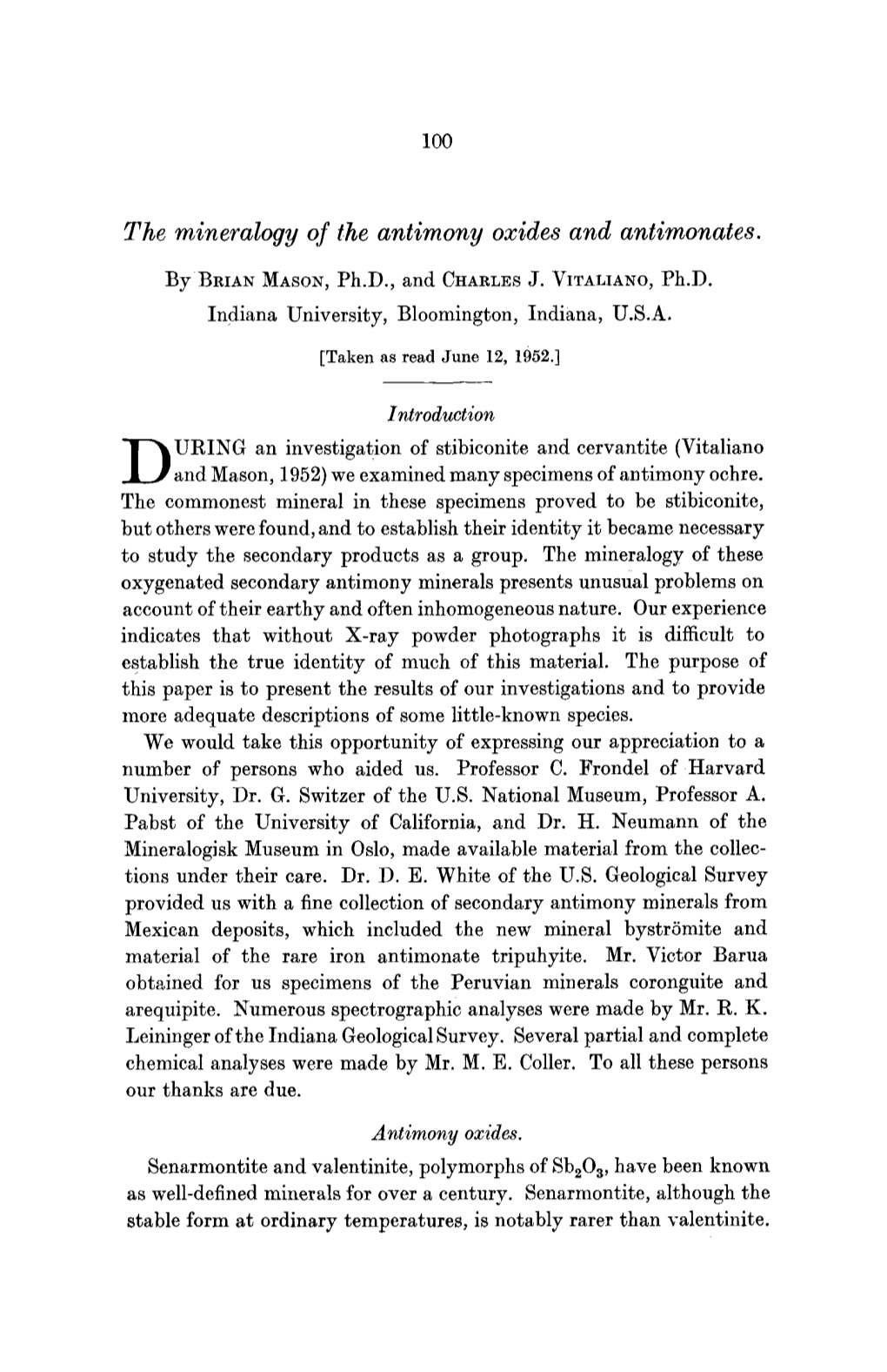 The Mineralogy of the Antimony Oxides and Antimonates