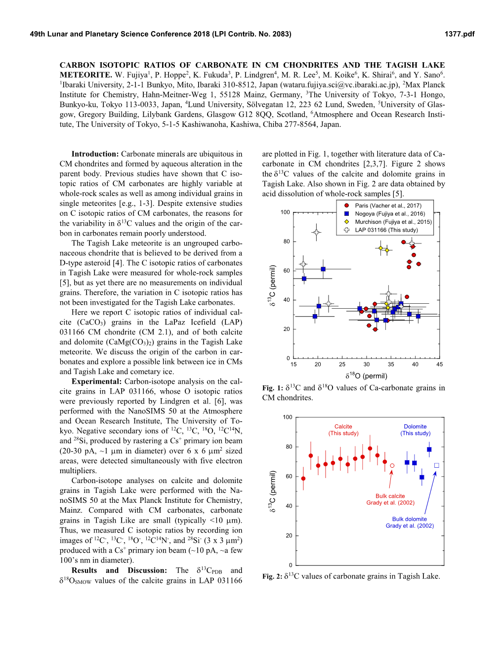 CARBON ISOTOPIC RATIOS of CARBONATE in CM CHONDRITES and the TAGISH LAKE METEORITE. W. Fujiya1, P. Hoppe2, K. Fukuda3, P. Lindgren4, M