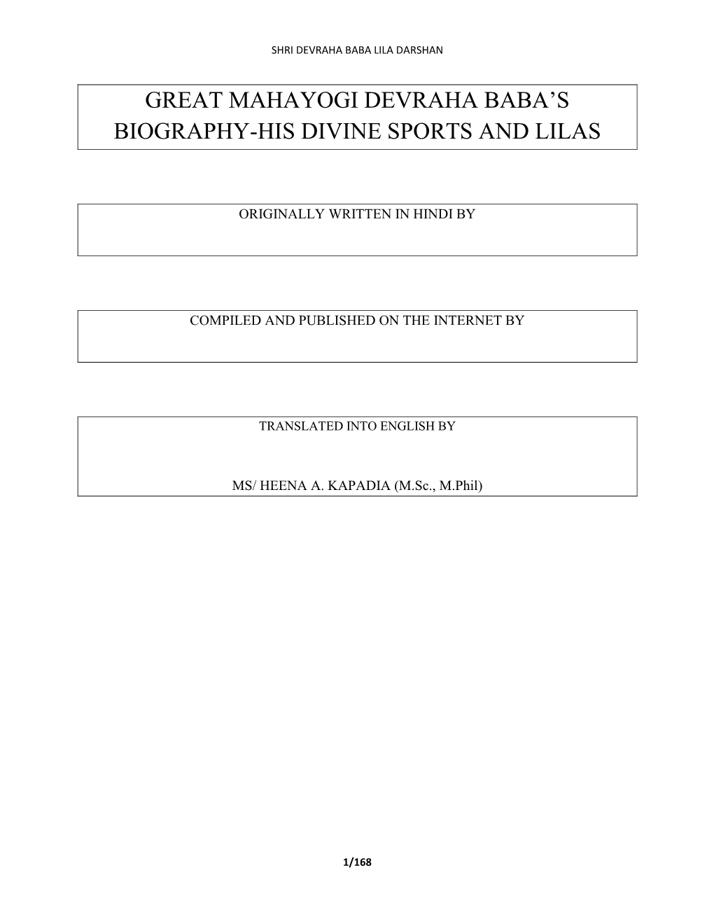 Great Mahayogi Devraha Baba's Biography-His Divine Sports and Lilas