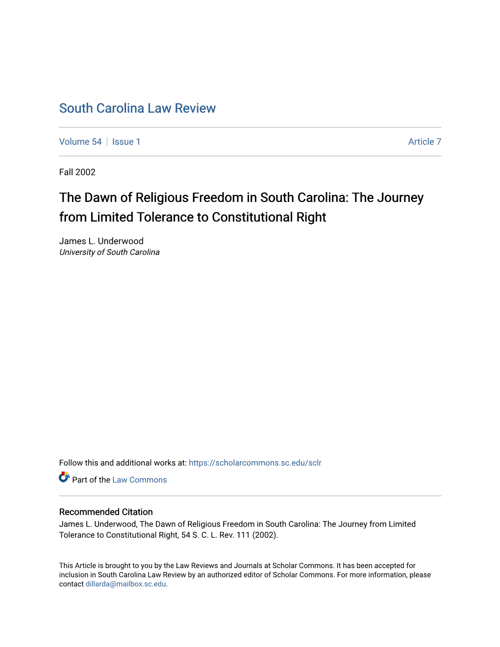 The Dawn of Religious Freedom in South Carolina: the Journey from Limited Tolerance to Constitutional Right