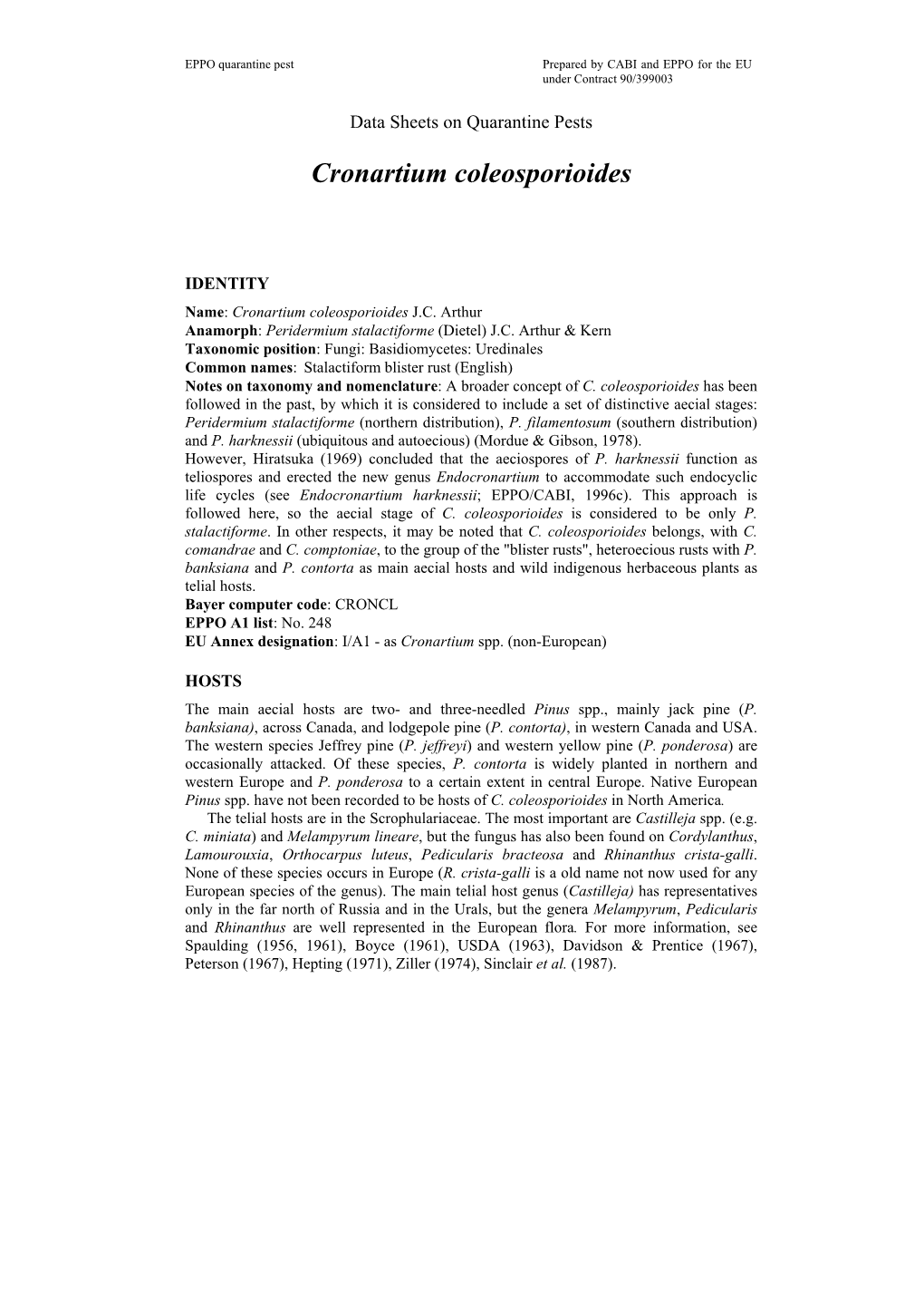 Data Sheet on Cronartium Coleosporioides