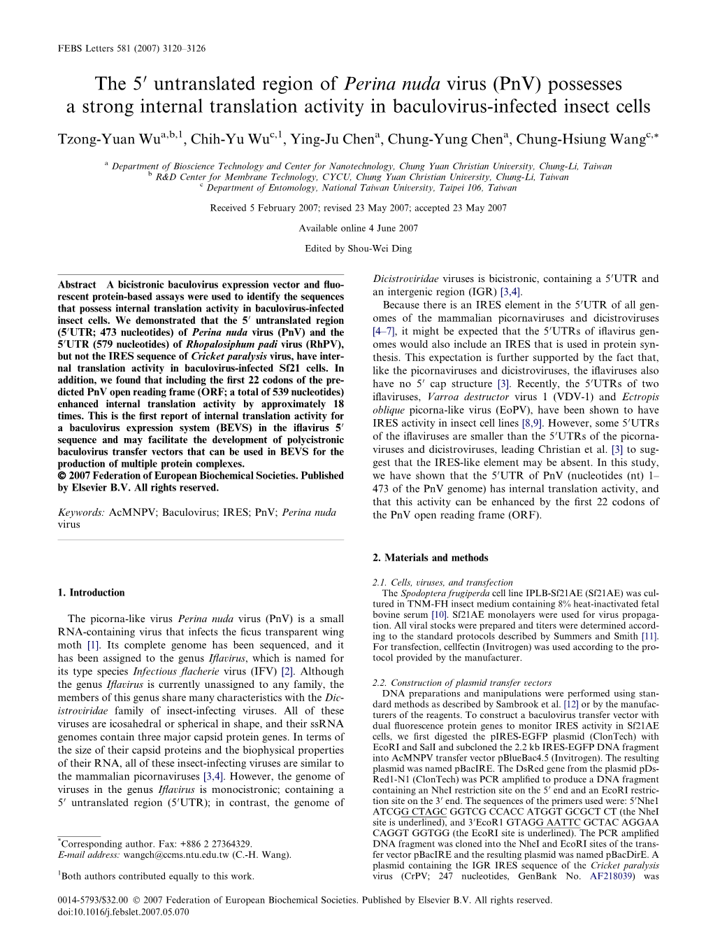 Possesses a Strong Internal Translation Activity in Baculovirus-Infected Insect Cells