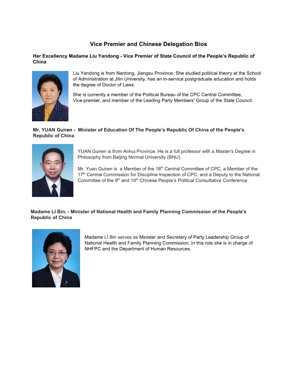 Vice Premier and Chinese Delegation Bios