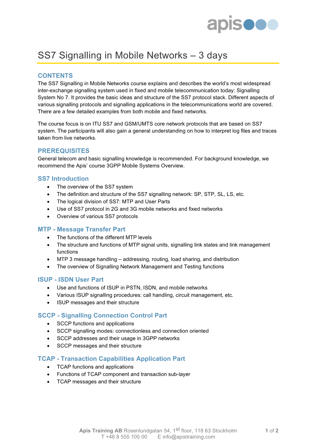 SS7 Signalling in Mobile Networks – 3 Days