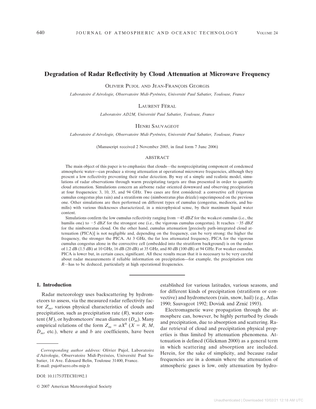 Degradation of Radar Reflectivity by Cloud Attenuation at Microwave Frequency