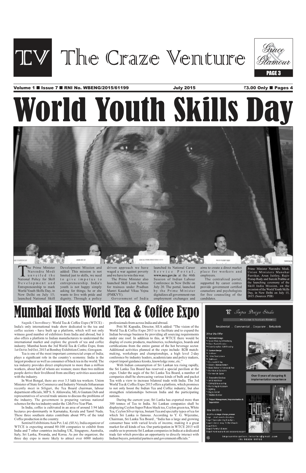 July 2015 `3.00 Only  Pages 4 World Youth Skills Day