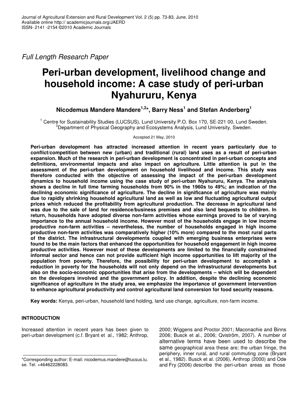 Peri-Urban Development, Livelihood Change and Household Income: a Case Study of Peri-Urban Nyahururu, Kenya
