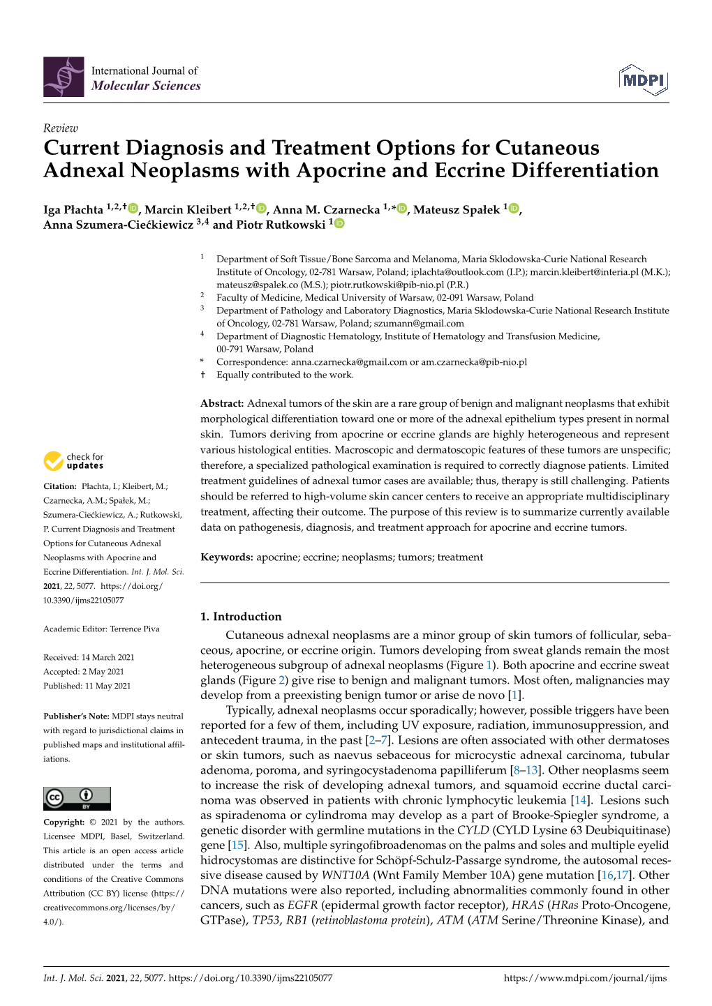 Current Diagnosis and Treatment Options for Cutaneous Adnexal Neoplasms with Apocrine and Eccrine Differentiation