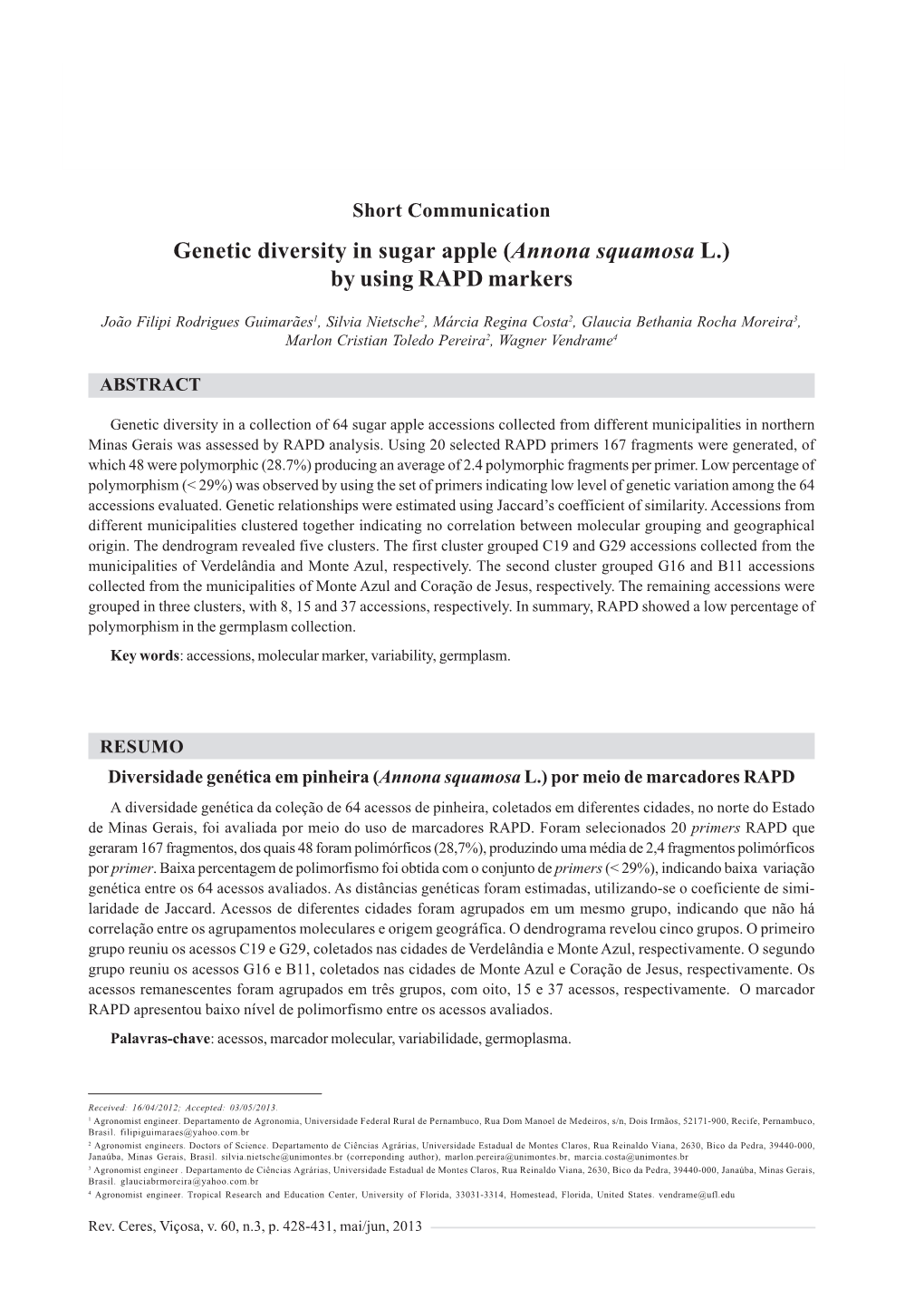 Genetic Diversity in Sugar Apple (Annona Squamosa L.) by Using RAPD Markers