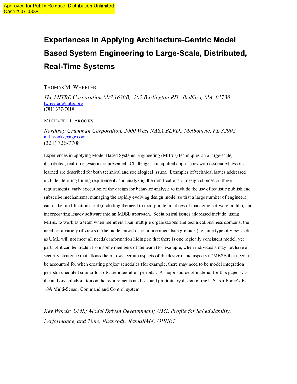 Experiences in Applying Architecture-Centric Model Based System Engineering to Large-Scale, Distributed, Real-Time Systems