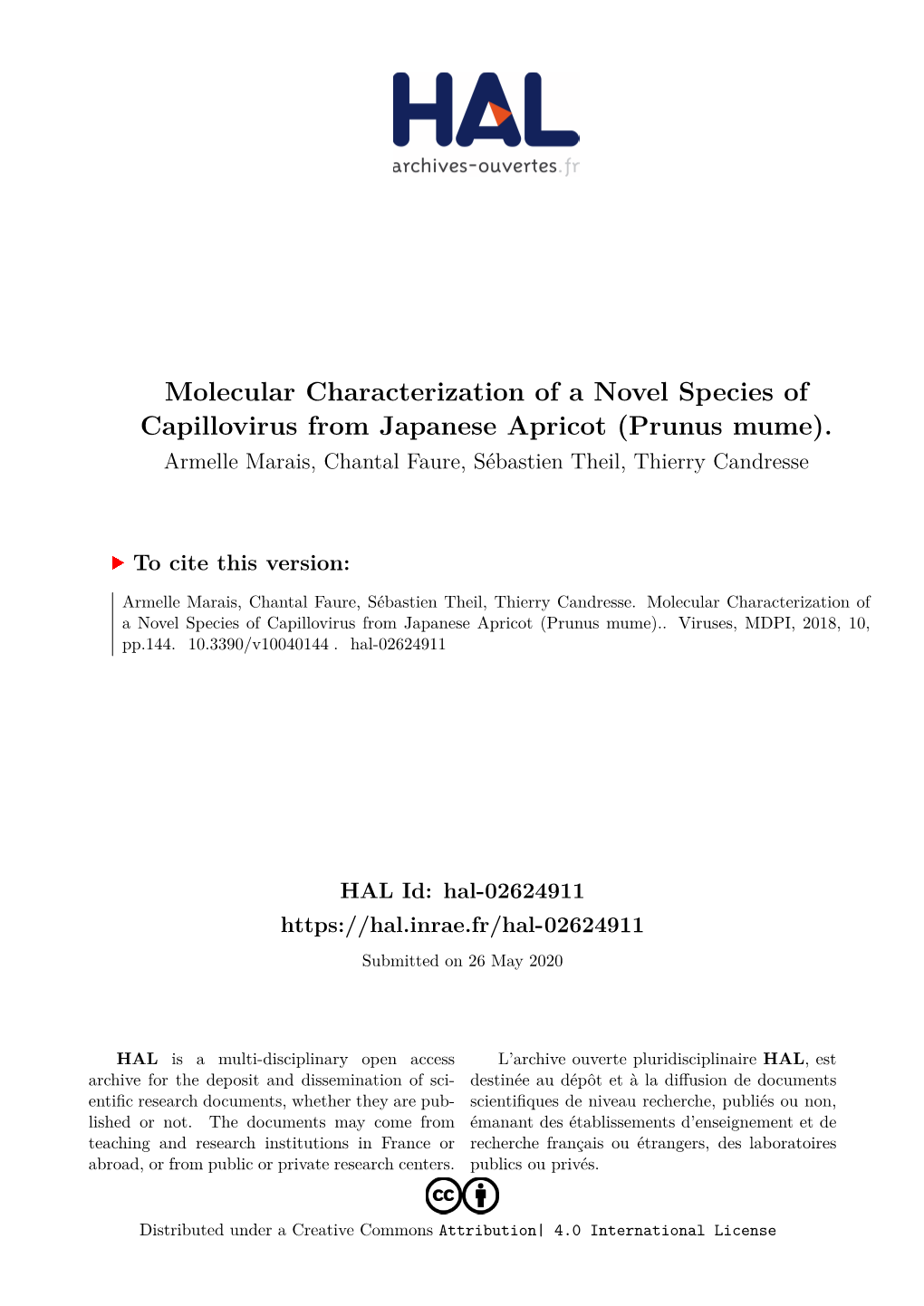 Molecular Characterization of a Novel Species of Capillovirus from Japanese Apricot (Prunus Mume)