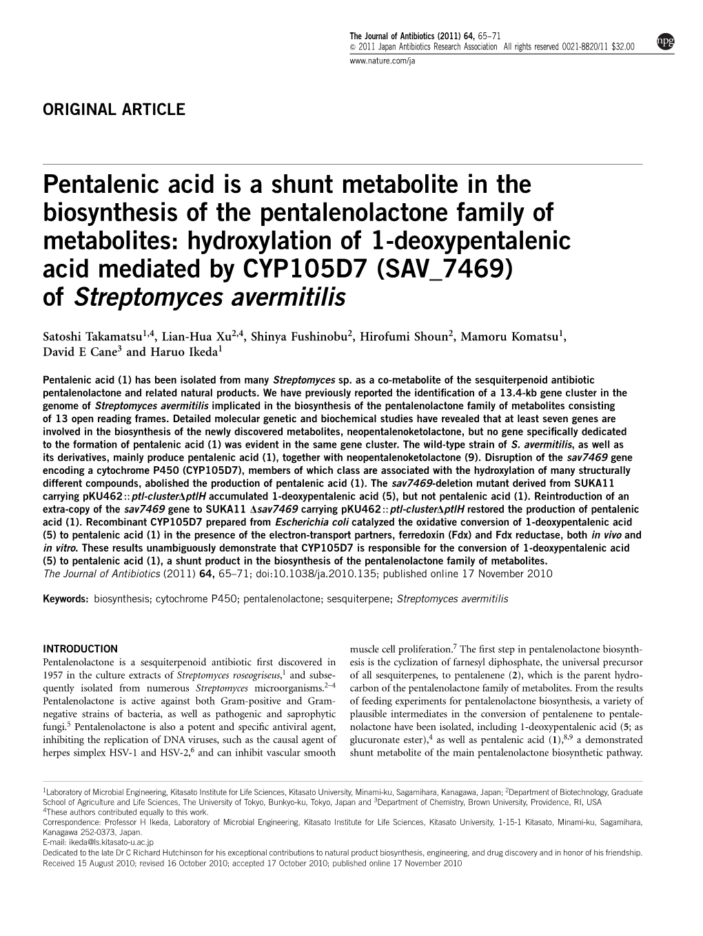 Hydroxylation of 1-Deoxypentalenic Acid Mediated by CYP105D7 (SAV 7469) of Streptomyces Avermitilis