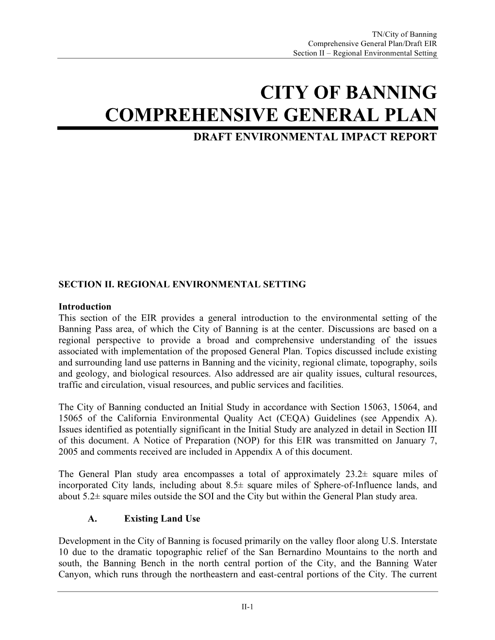 City of Banning Comprehensive General Plan/Draft EIR Section II – Regional Environmental Setting