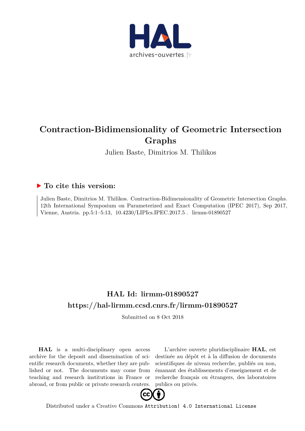 Contraction-Bidimensionality of Geometric Intersection Graphs Julien Baste, Dimitrios M