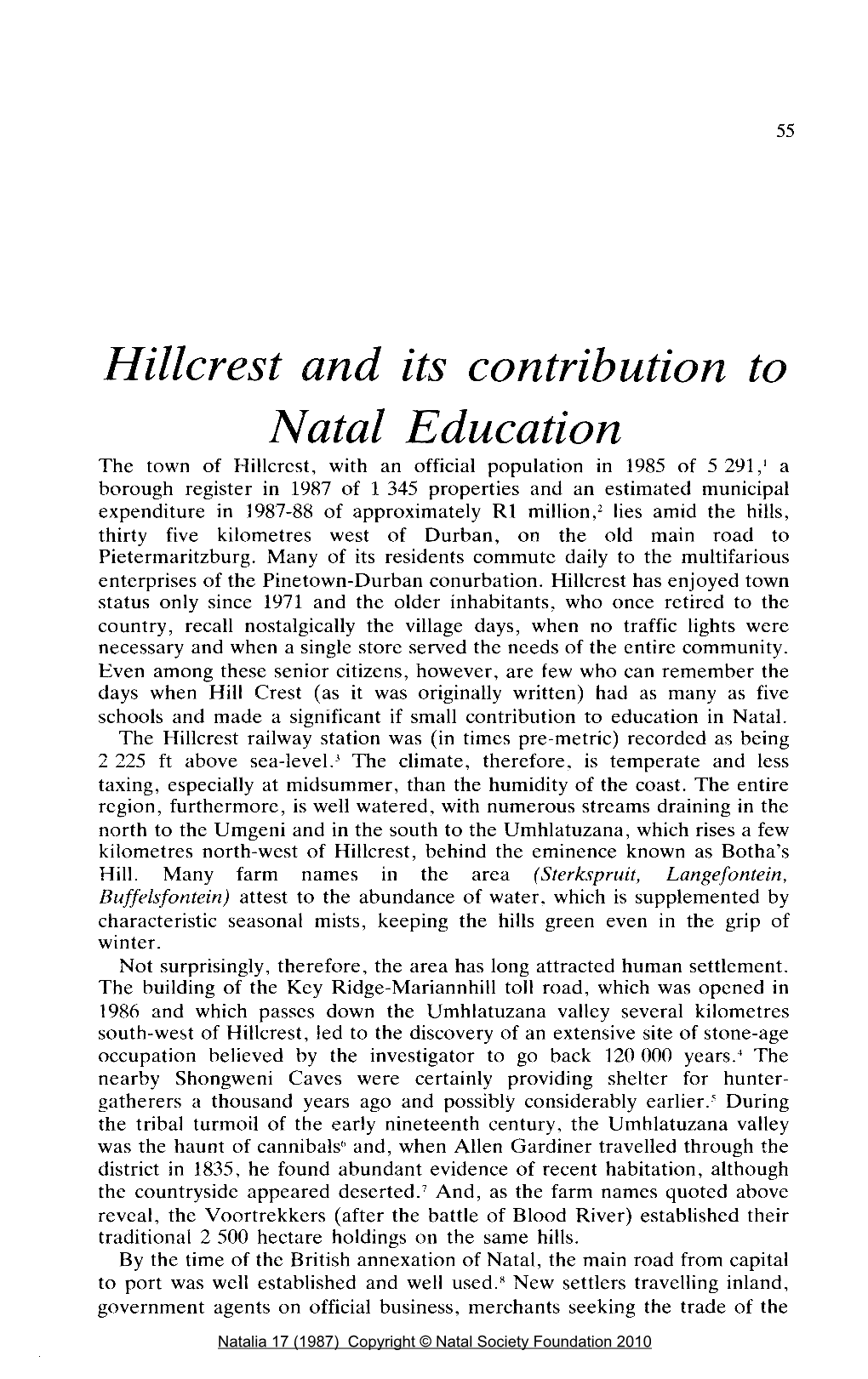 Hillcrest and Its Contribution to Natal Education