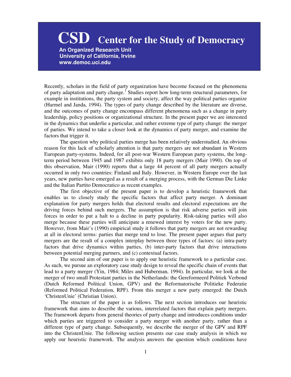 Explanatory Factors for the Merger of Political Parties