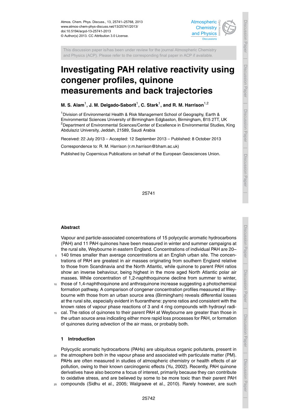 Investigating PAH Relative Reactivity Using Congener Profiles, Quinone Measurements and Back Trajectories