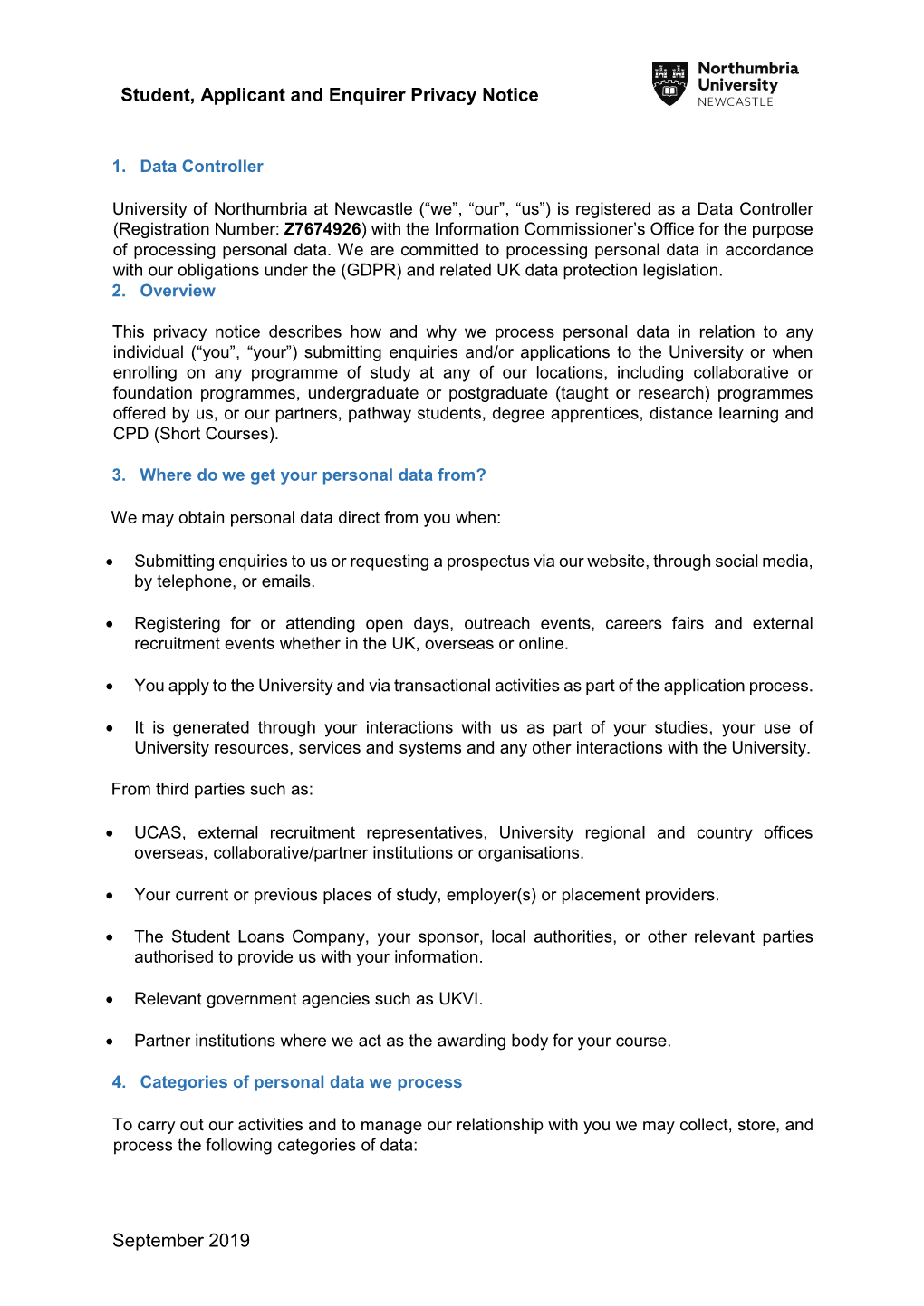 Student, Applicant and Enquirer Privacy Notice September 2019