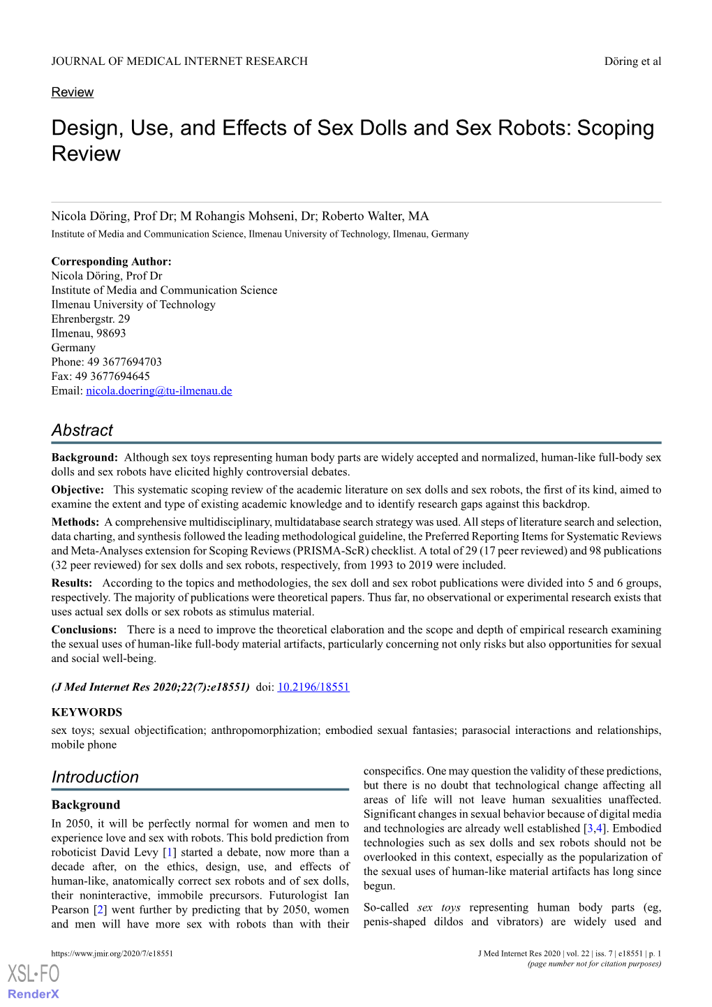 Design, Use, and Effects of Sex Dolls and Sex Robots: Scoping Review