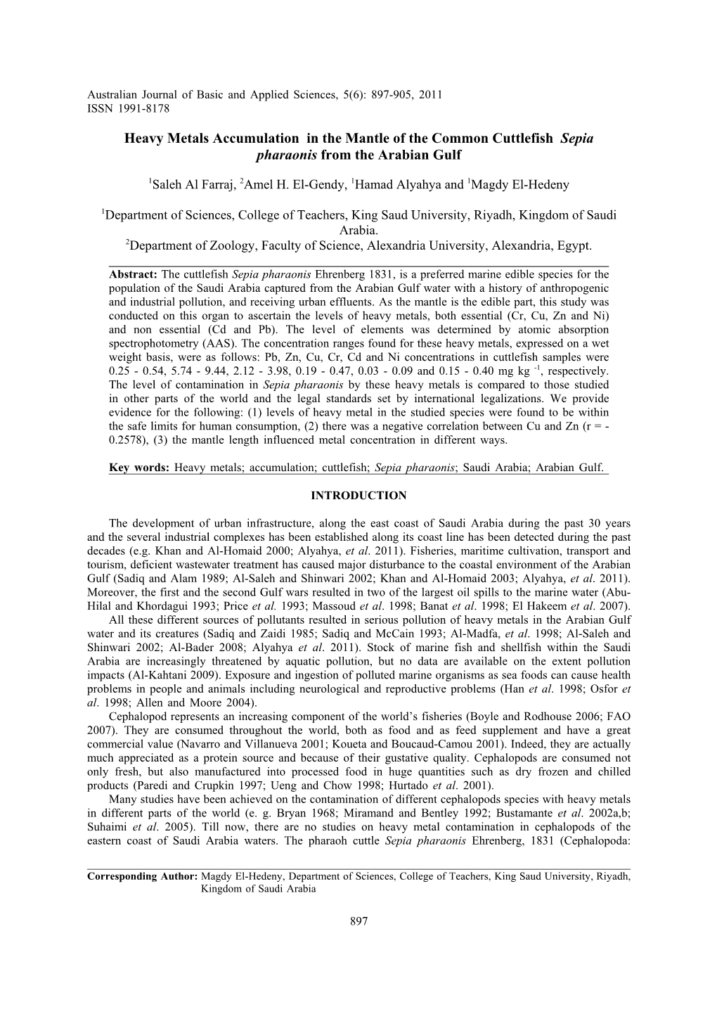 Heavy Metals Accumulation in the Mantle of the Common Cuttlefish Sepia Pharaonis from the Arabian Gulf