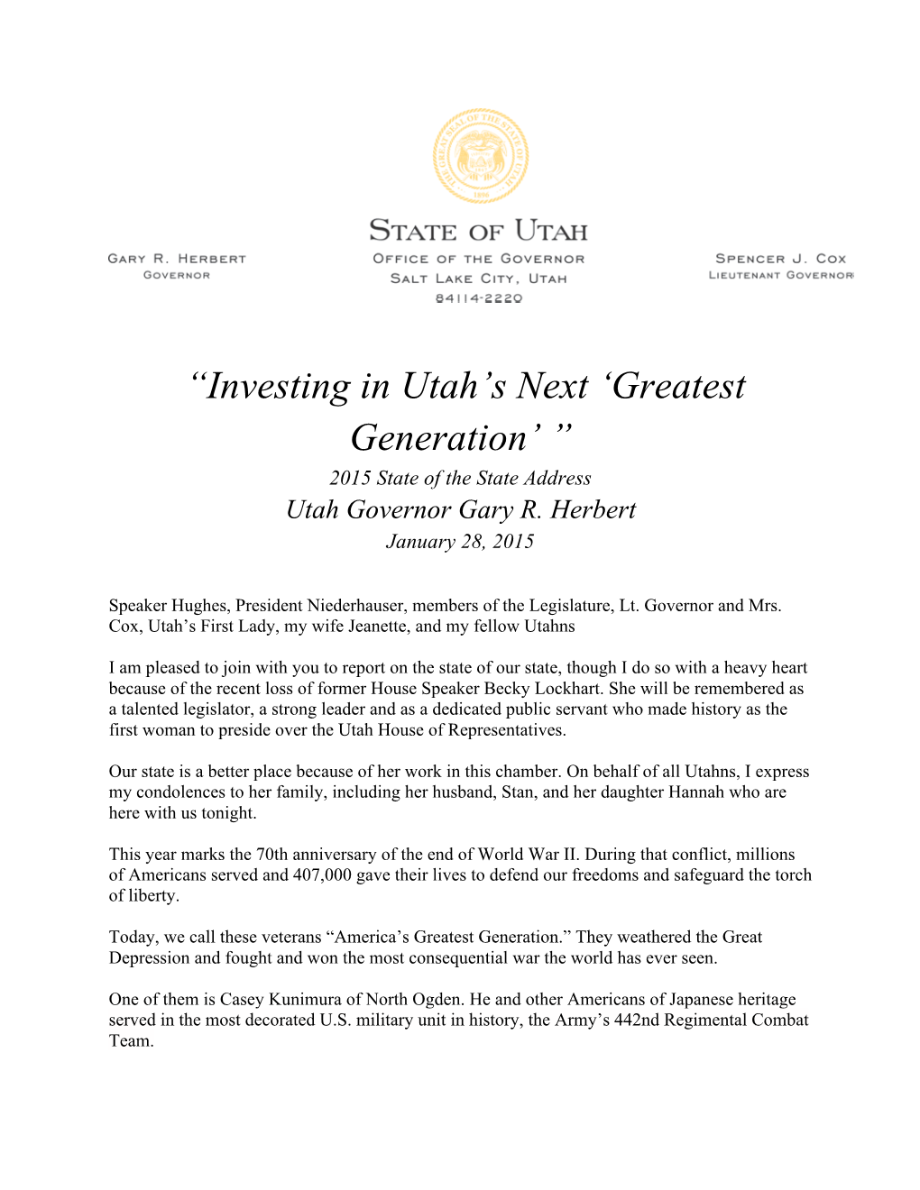 “Investing in Utah's Next 'Greatest Generation' ”
