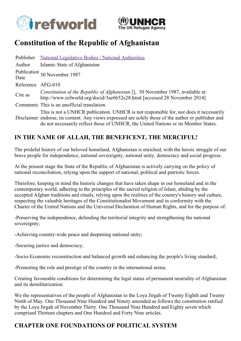 Constitution of the Republic of Afghanistan