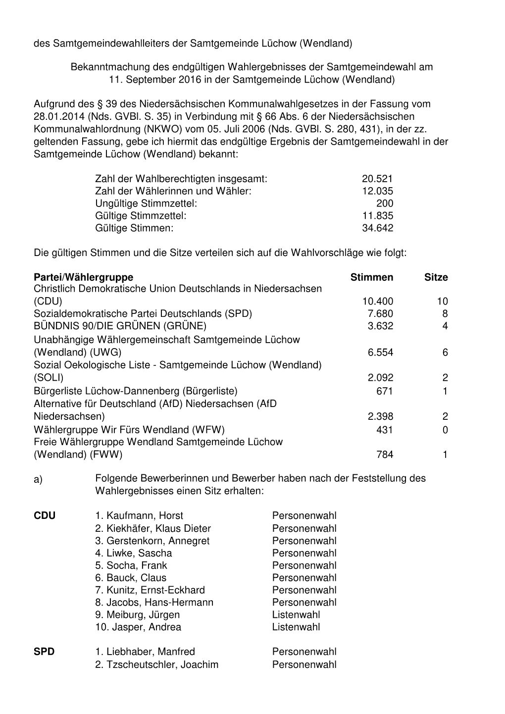 Des Samtgemeindewahlleiters Der Samtgemeinde Lüchow (Wendland)