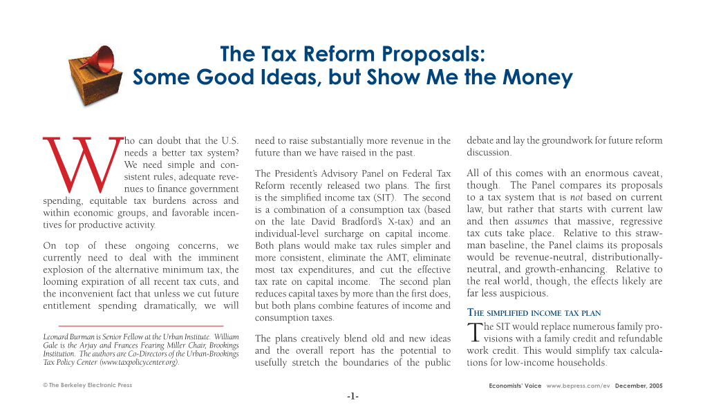 The Tax Reform Proposals: Some Good Ideas, but Show Me the Money