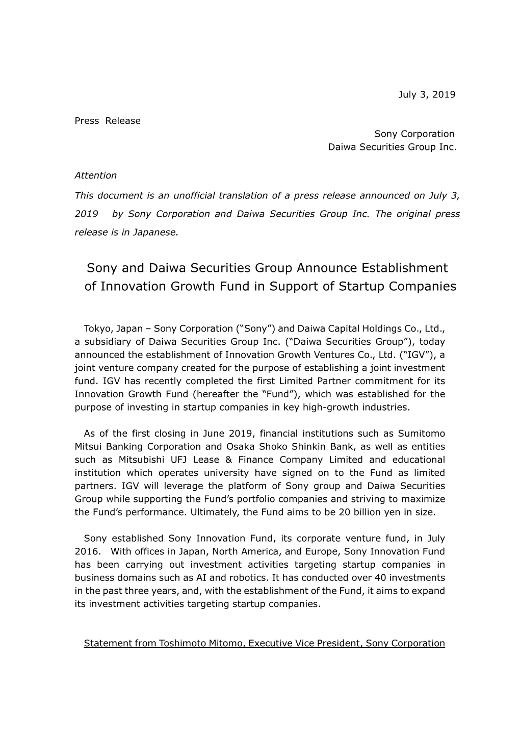 Sony and Daiwa Securities Group Announce Establishment of Innovation Growth Fund in Support of Startup Companies