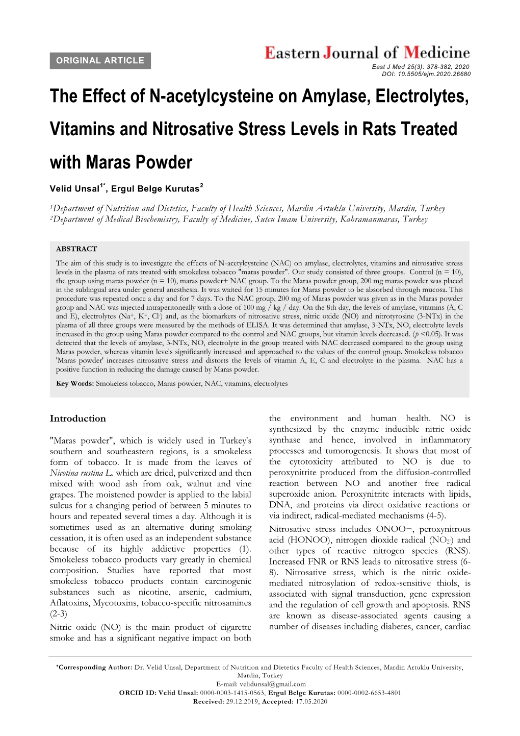 The Effect of N-Acetylcysteine on Amylase, Electrolytes, Vitamins and Nitrosative Stress Levels in Rats Treated with Maras Powder