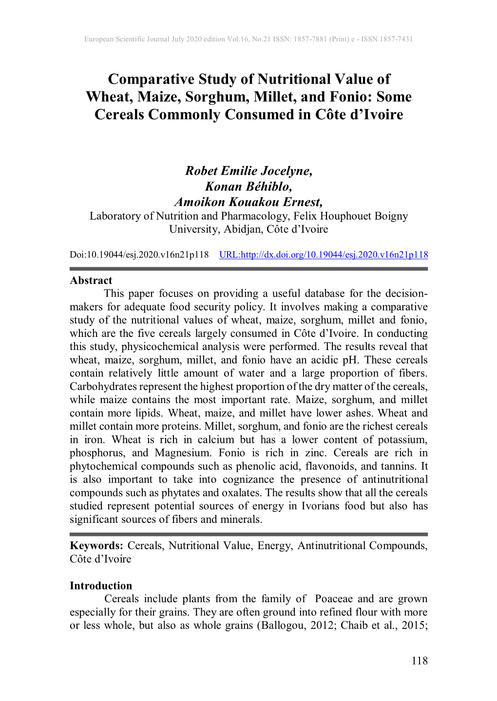 Comparative Study of Nutritional Value of Wheat, Maize, Sorghum, Millet, and Fonio: Some Cereals Commonly Consumed in Côte D’Ivoire