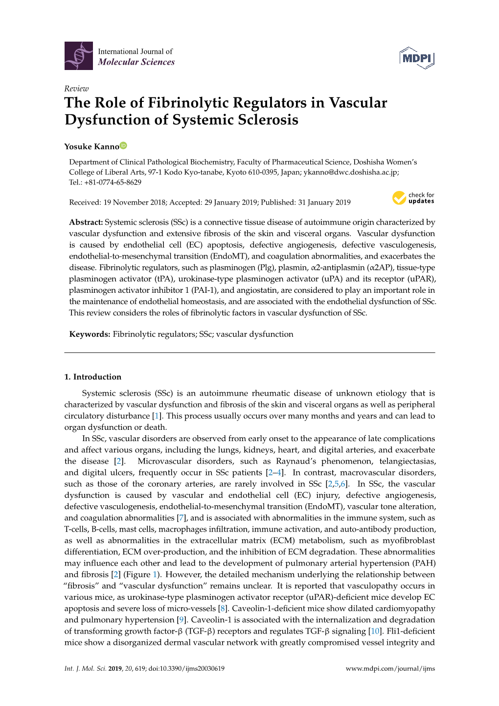 The Role of Fibrinolytic Regulators in Vascular Dysfunction of Systemic Sclerosis