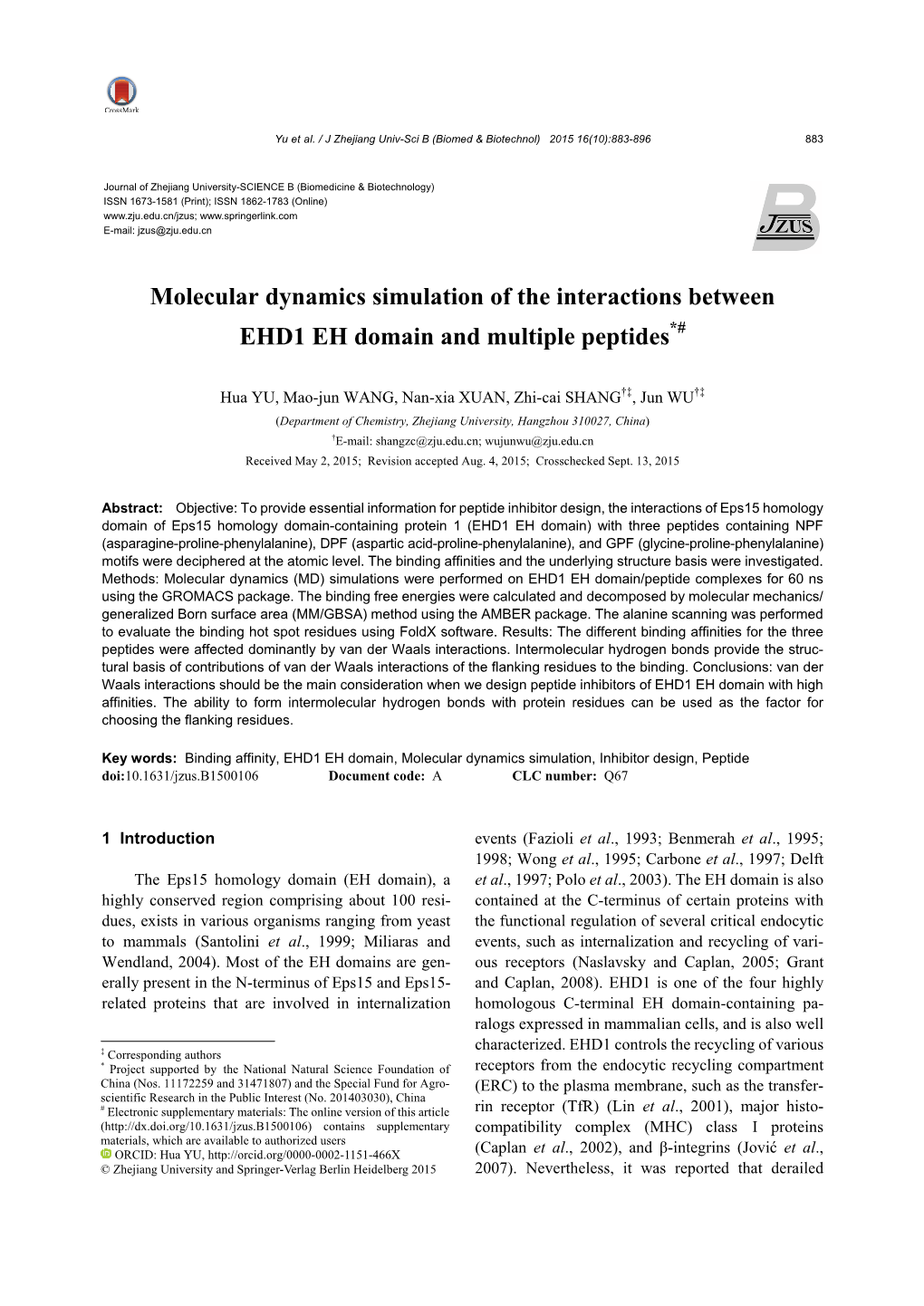 Molecular Dynamics Simulation of the Interactions Between EHD1 EH Domain and Multiple Peptides*