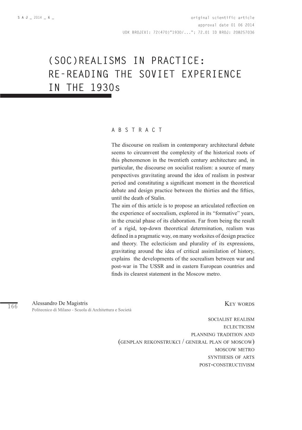 RE-READING the SOVIET EXPERIENCE in the 1930S