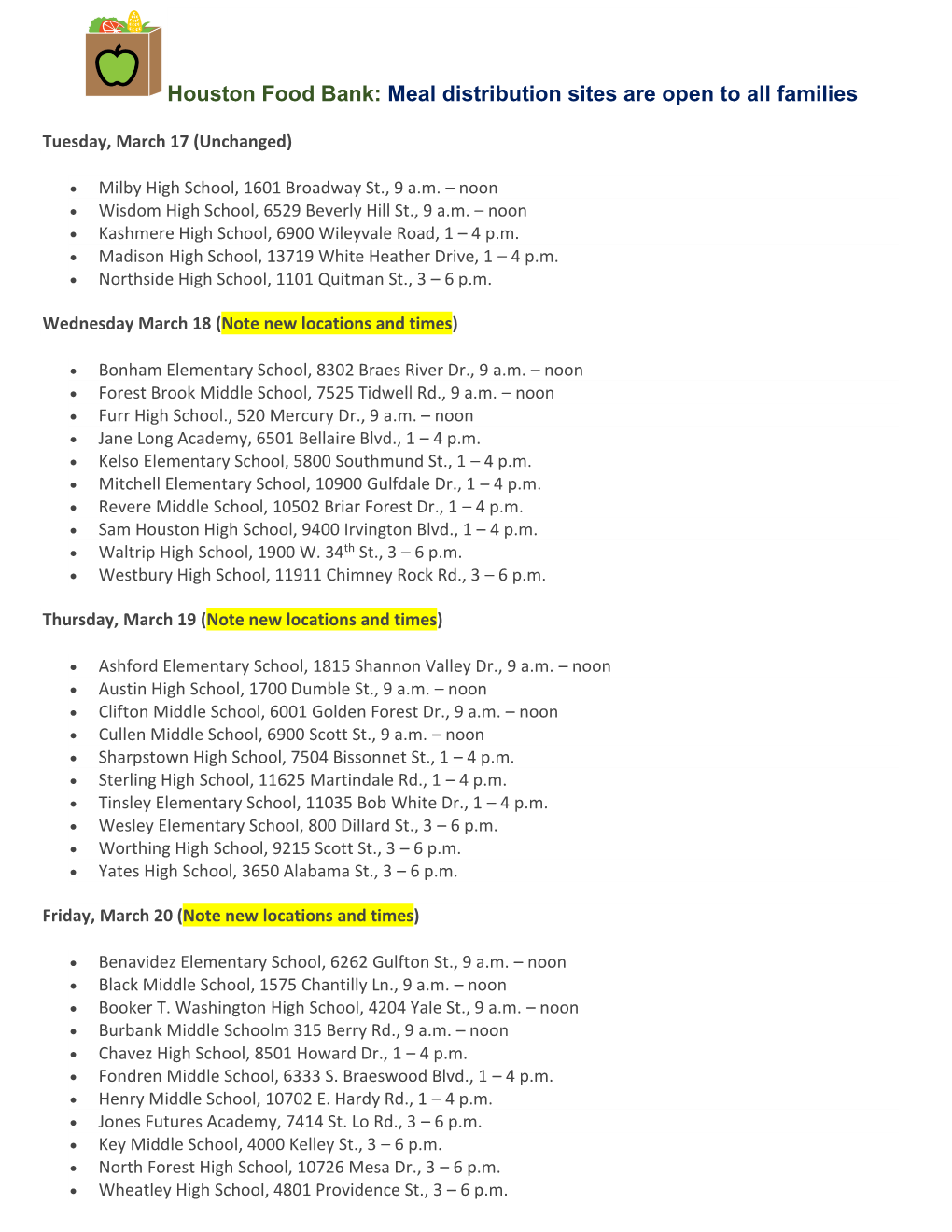 Houston Food Bank: Meal Distribution Sites Are Open to All Families