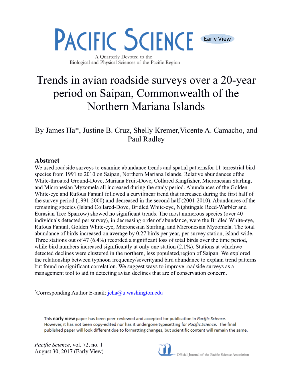 Trends in Avian Roadside Surveys Over a 20-Year Period on Saipan, Commonwealth of the Northern Mariana Islands