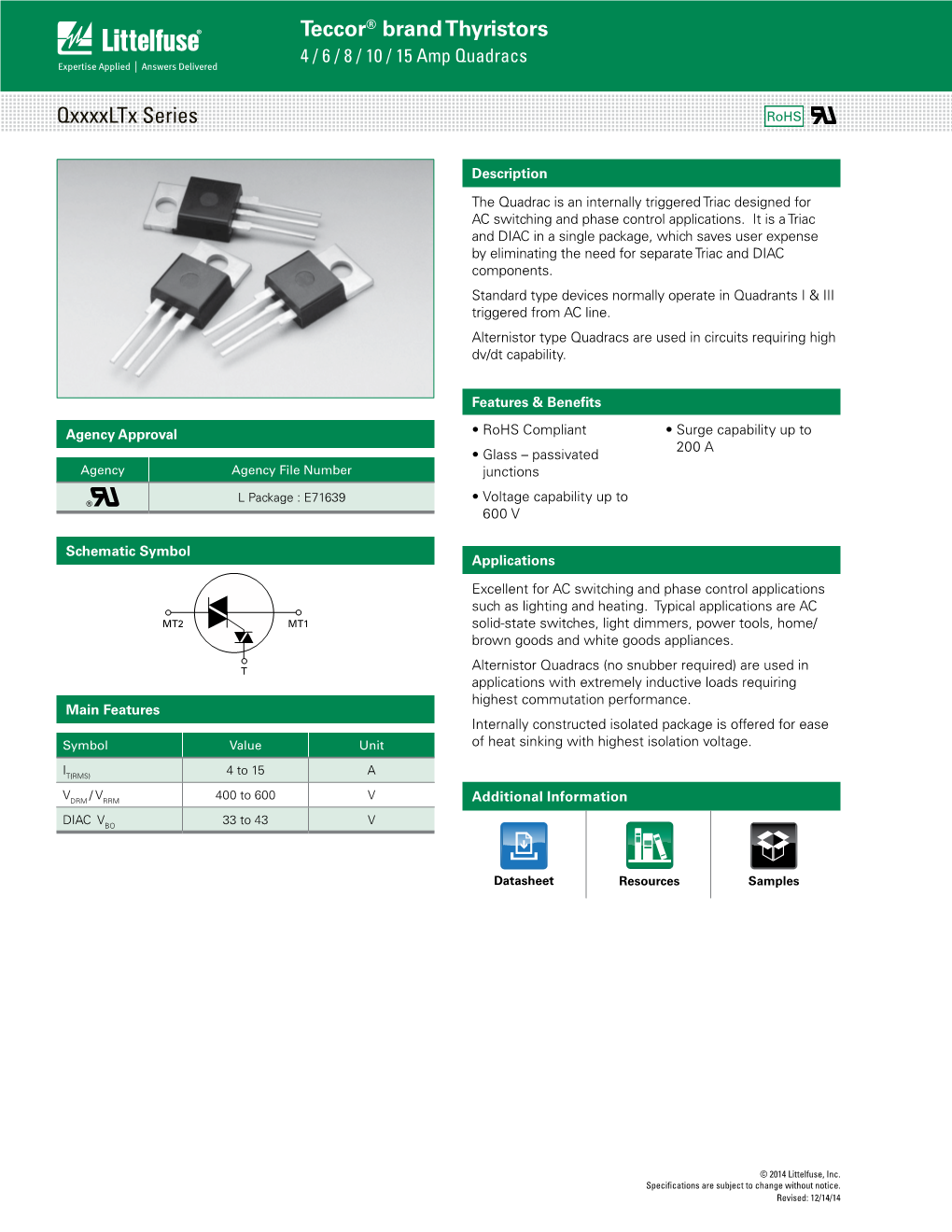 Teccor® Brand Thyristors Qxxxxltx Series