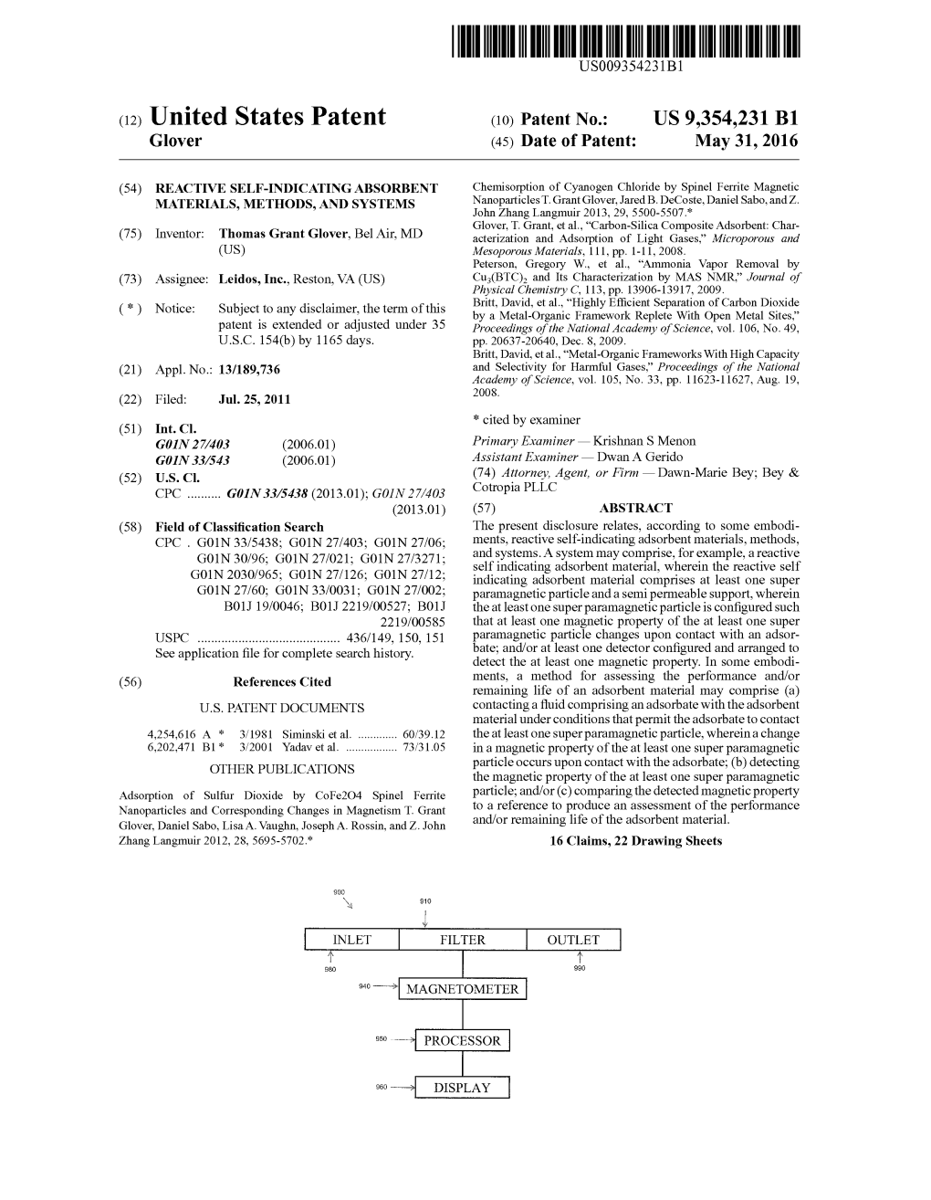 (12) United States Patent (10) Patent No.: US 9,354.231 B1 Glover (45) Date of Patent: May 31, 2016