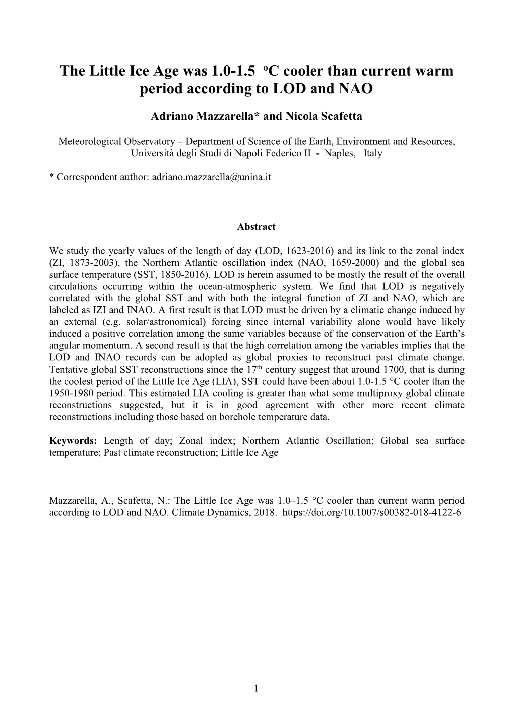 The Little Ice Age Was 1.0-1.5 Oc Cooler Than Current Warm Period According to LOD and NAO