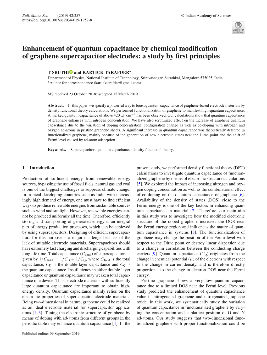 Enhancement of Quantum Capacitance by Chemical Modiﬁcation of Graphene Supercapacitor Electrodes: a Study by ﬁrst Principles