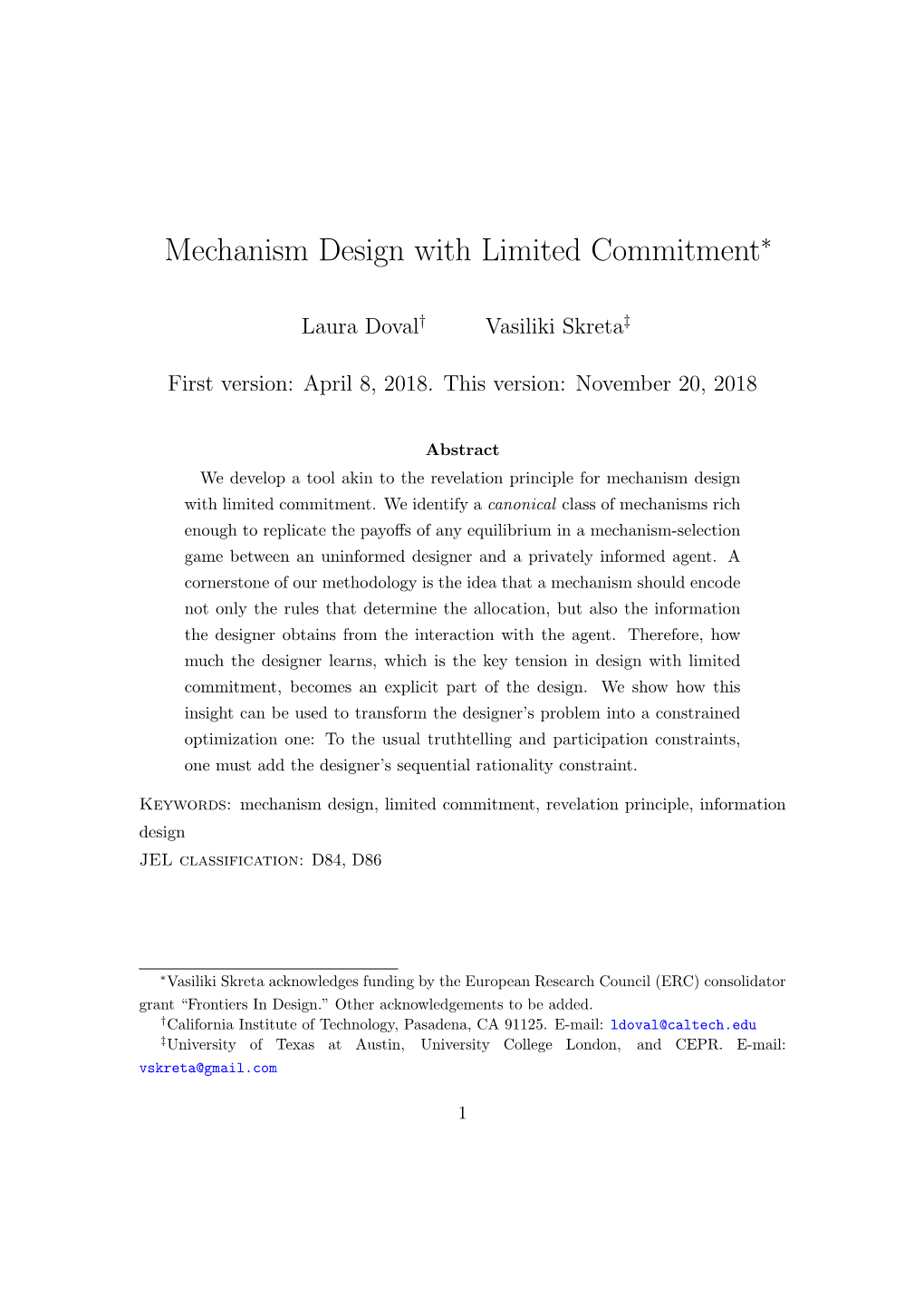 Mechanism Design with Limited Commitment∗