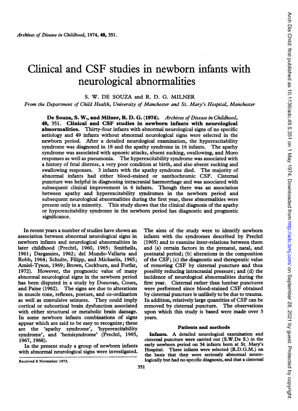 Clinical and CSF Studies in Newborn Infants with Neurological Abnormalities